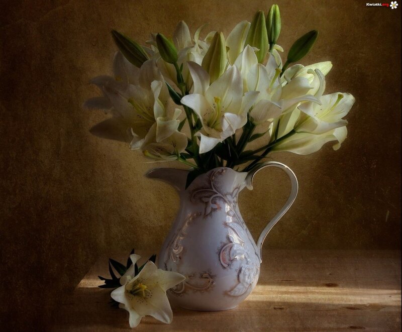White Lilies in Vase — Serene, Photograph, Wooden Surface