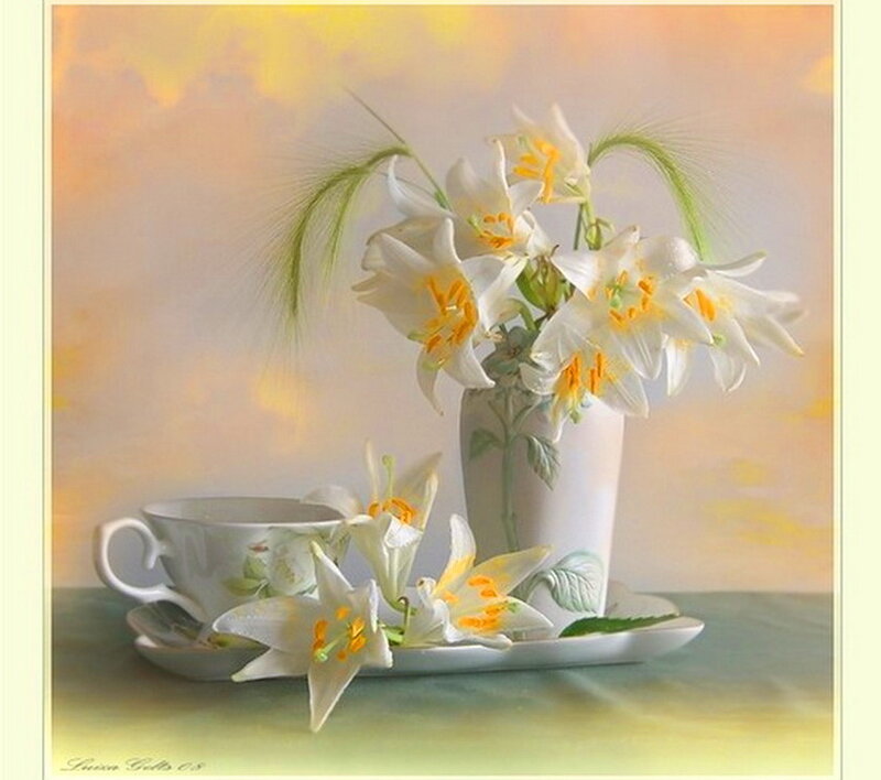 White Lilies in Vase — Serene, Sunset