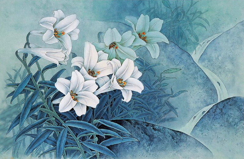 White Lilies on Blue