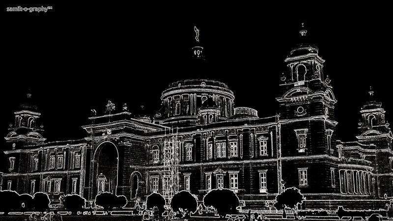 white line drawing of a building