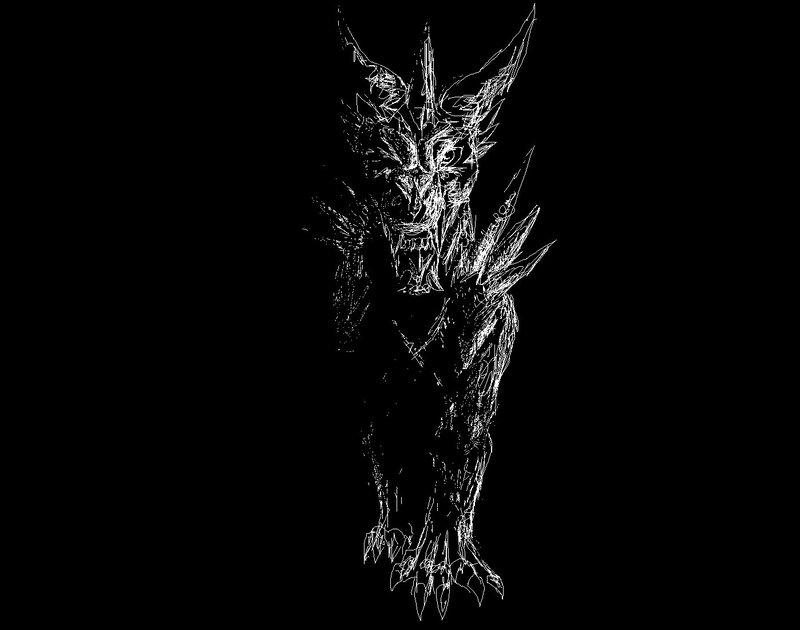 white line drawing of a demon