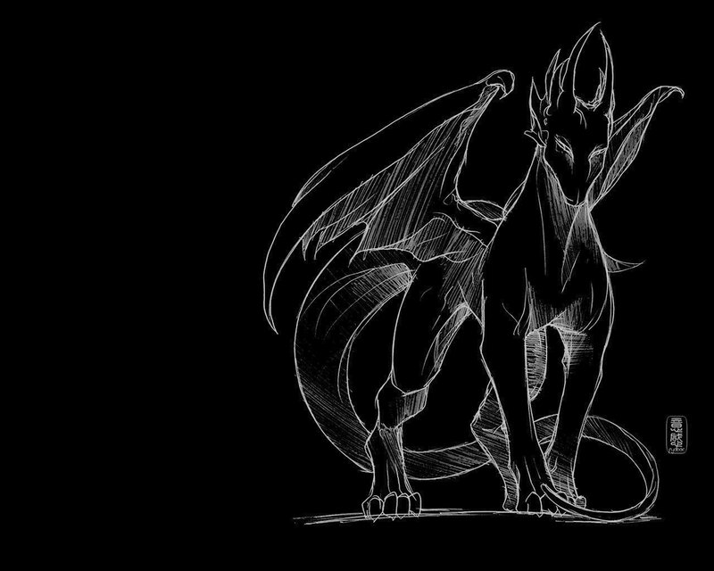 white line drawing of a dragon
