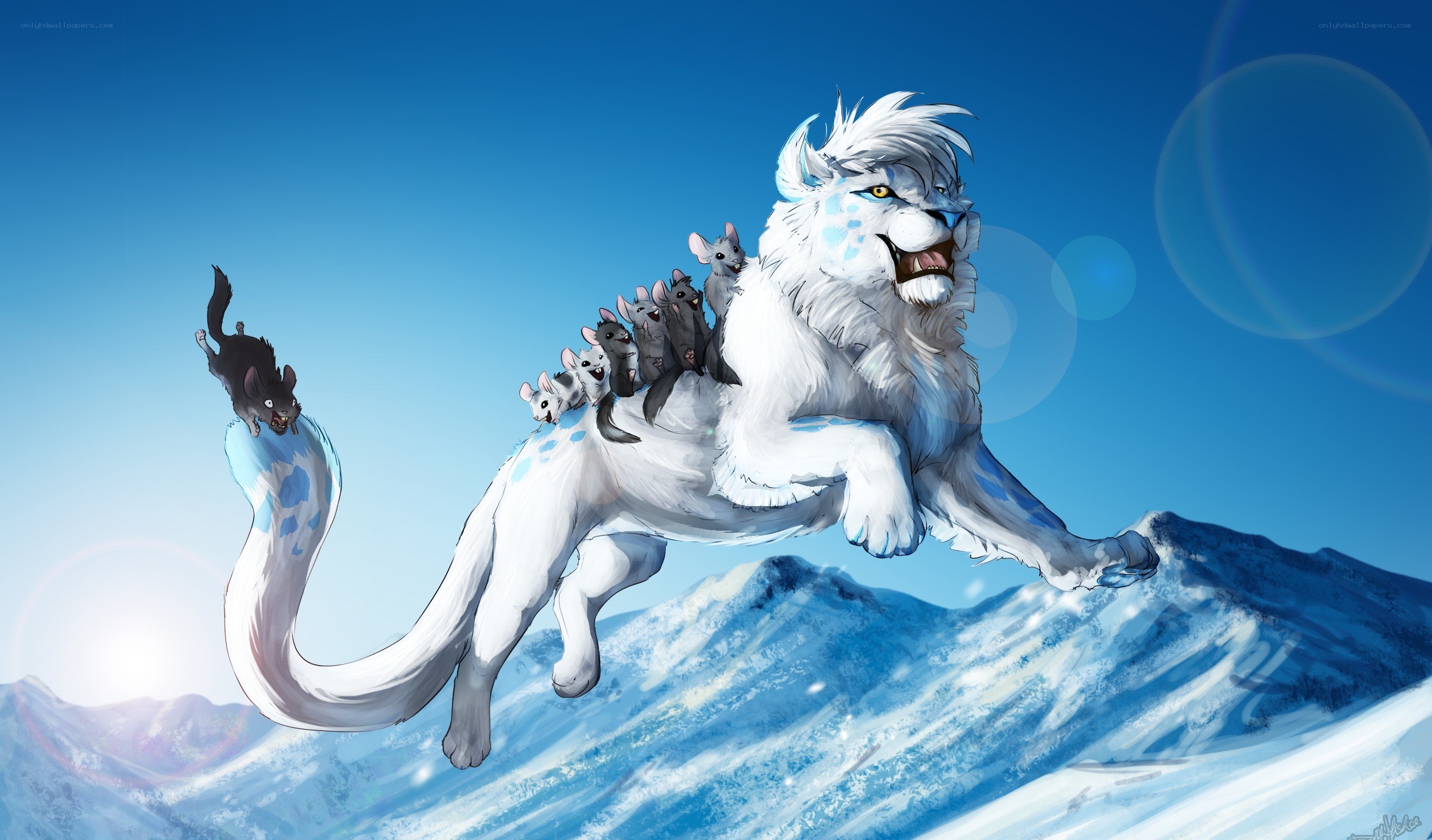 white lion with mice on back