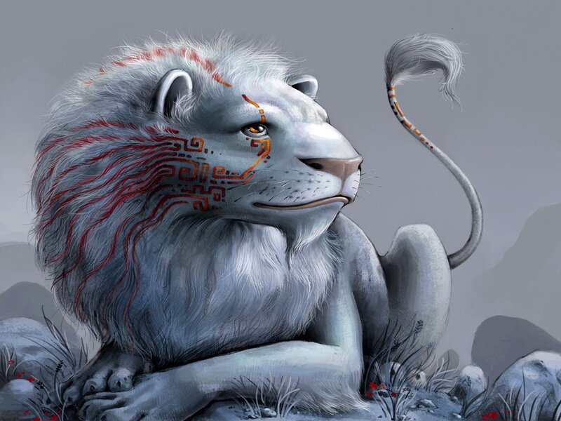 white lion with tribal markings