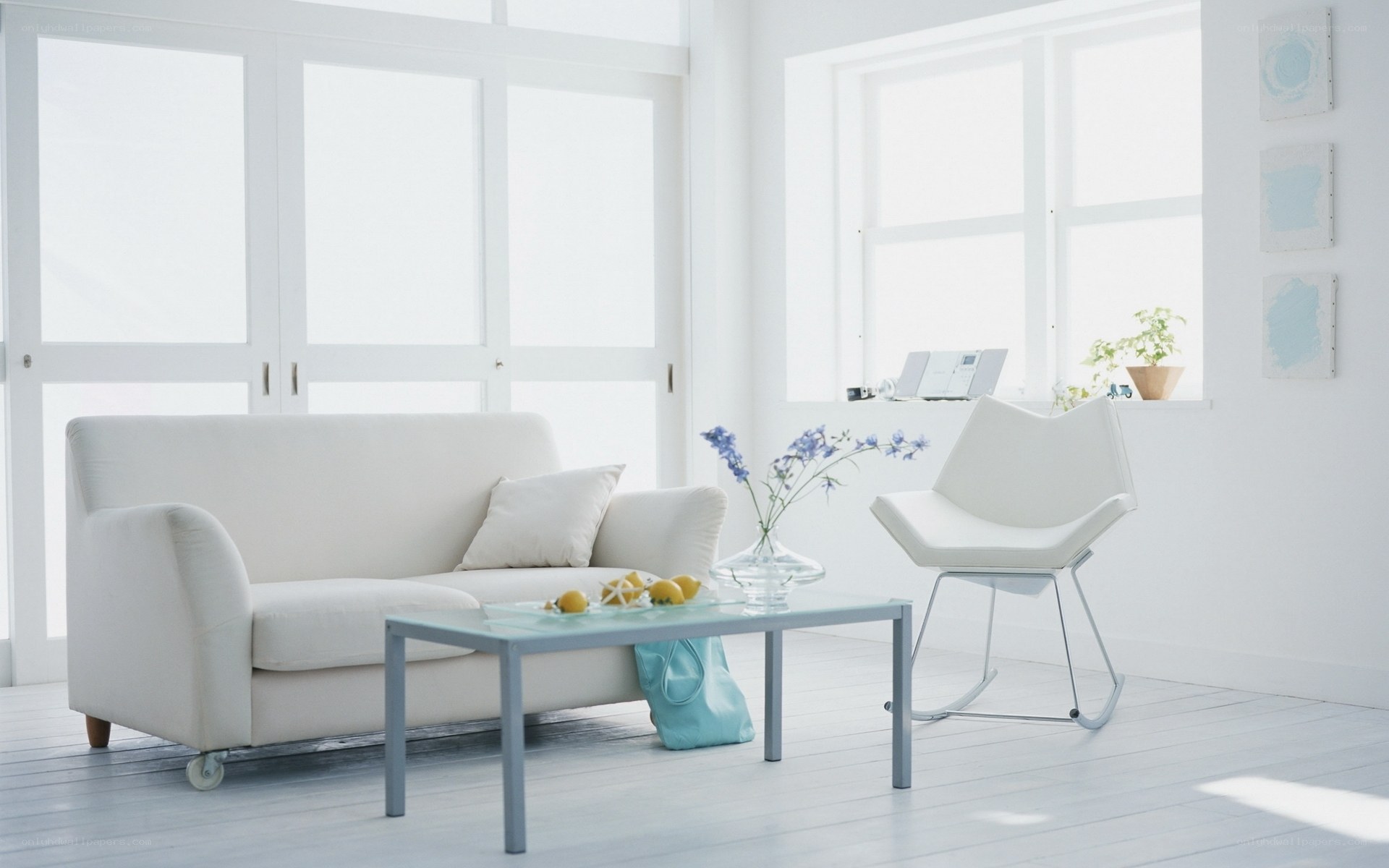 White living room with furniture