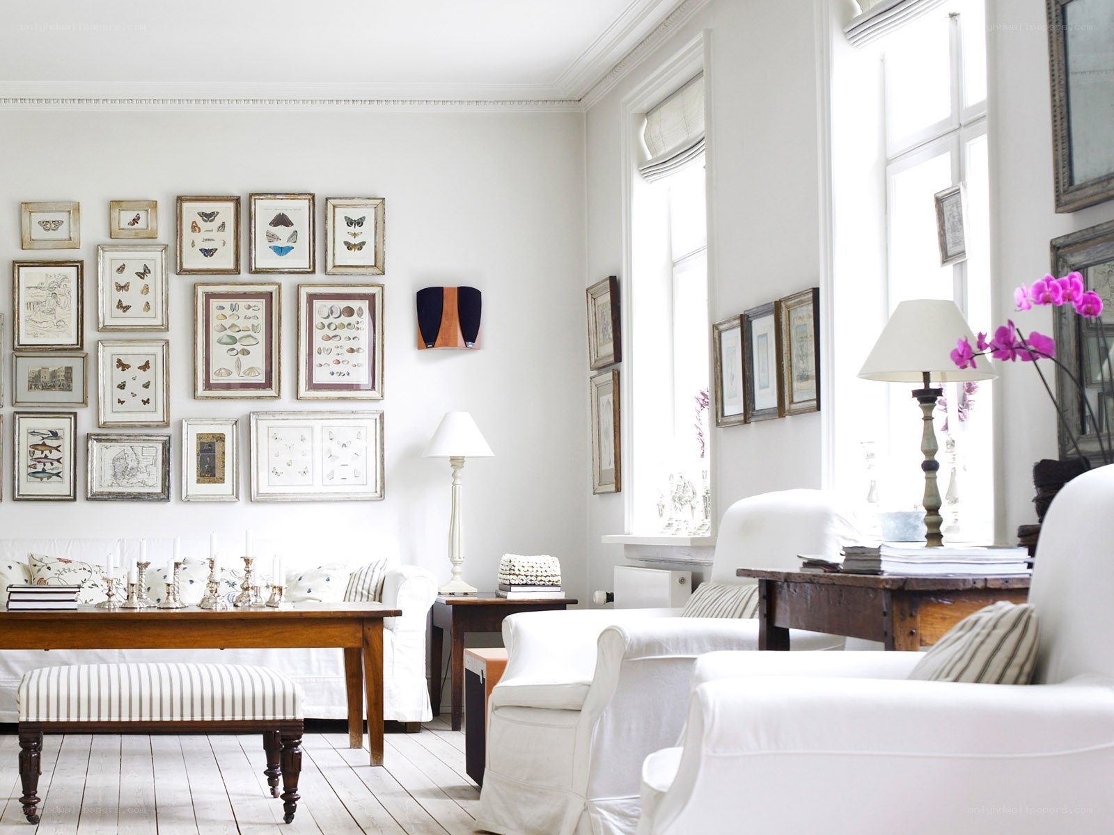 White living room with gallery wall