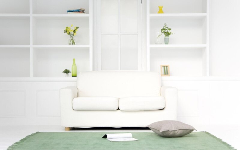 White living room with green accents