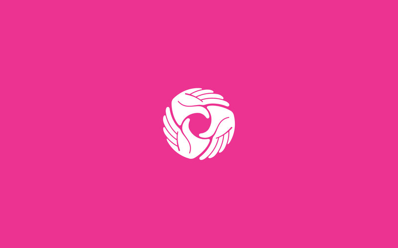 white logo on pink background