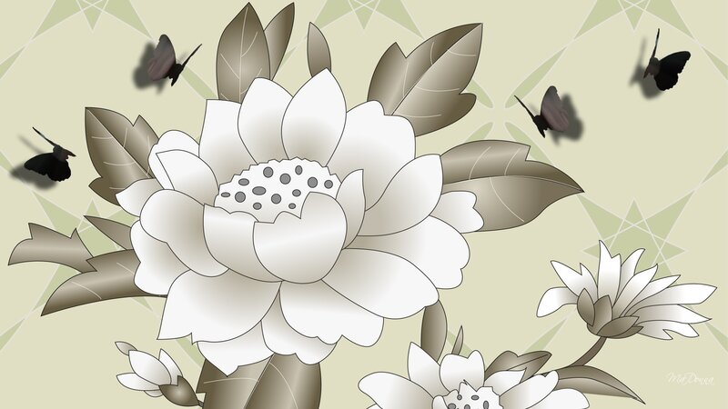 White Lotus Flower — Serene, Digital Art, Butterflies