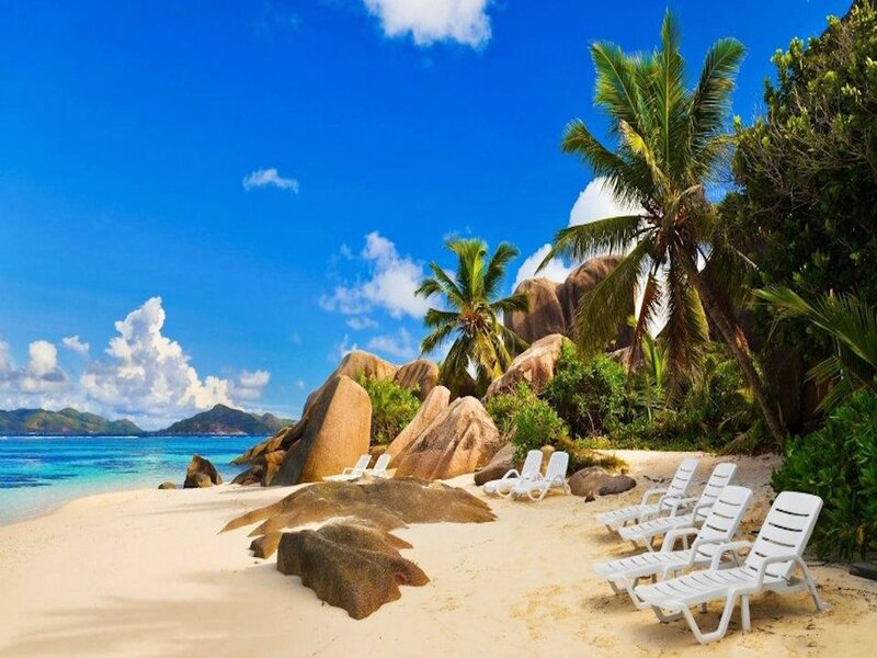 White Lounge Chairs on Beach — Blue, Serene, Afternoon