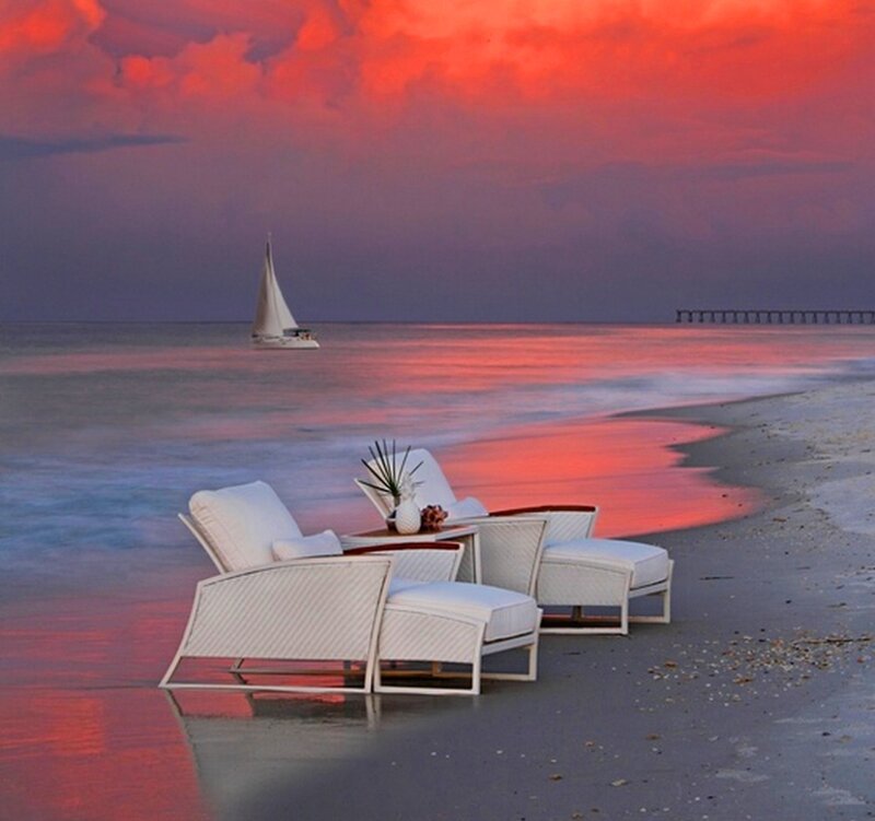 White Lounge Chairs on Beach — Red