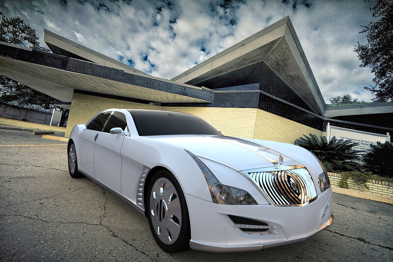 White luxury car in front of building