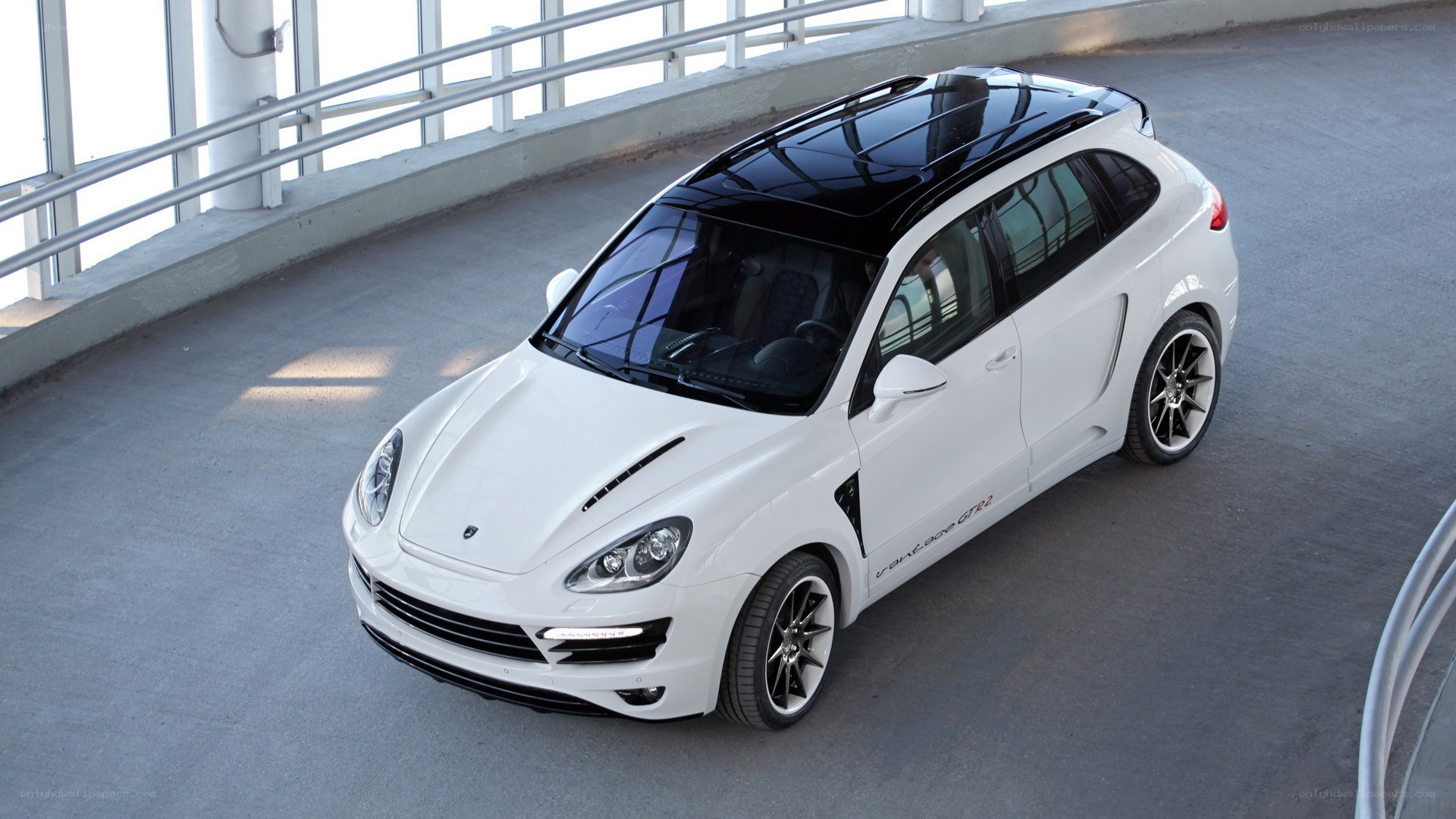 white luxury SUV on elevated platform