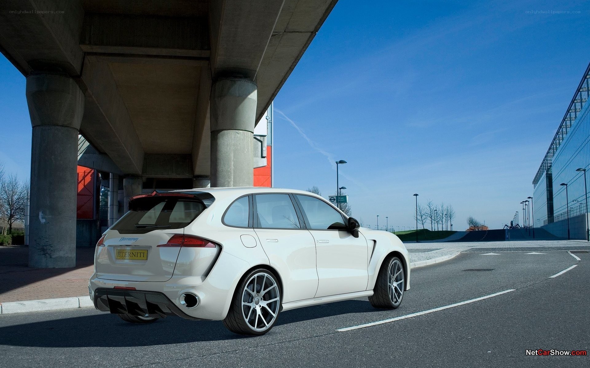 white luxury SUV under bridge