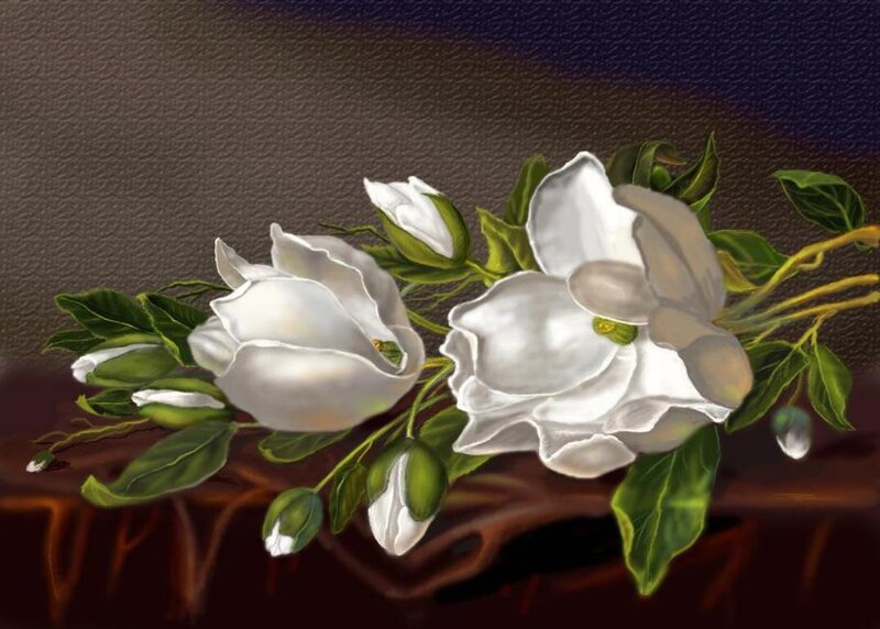 White Magnolia Flowers — Serene, Painting, Leaves, Buds