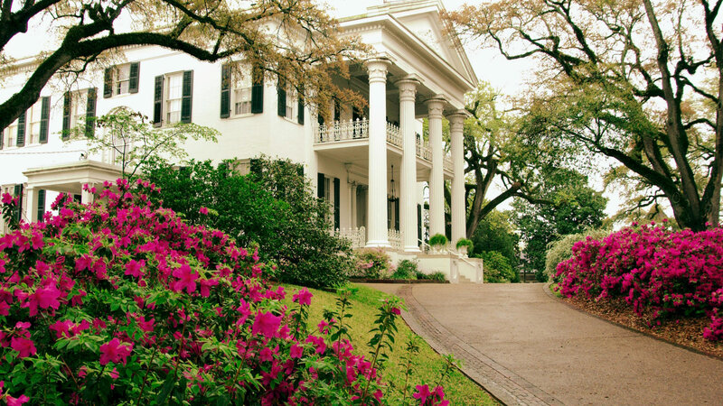 White Mansion with Columns — Serene, Spring