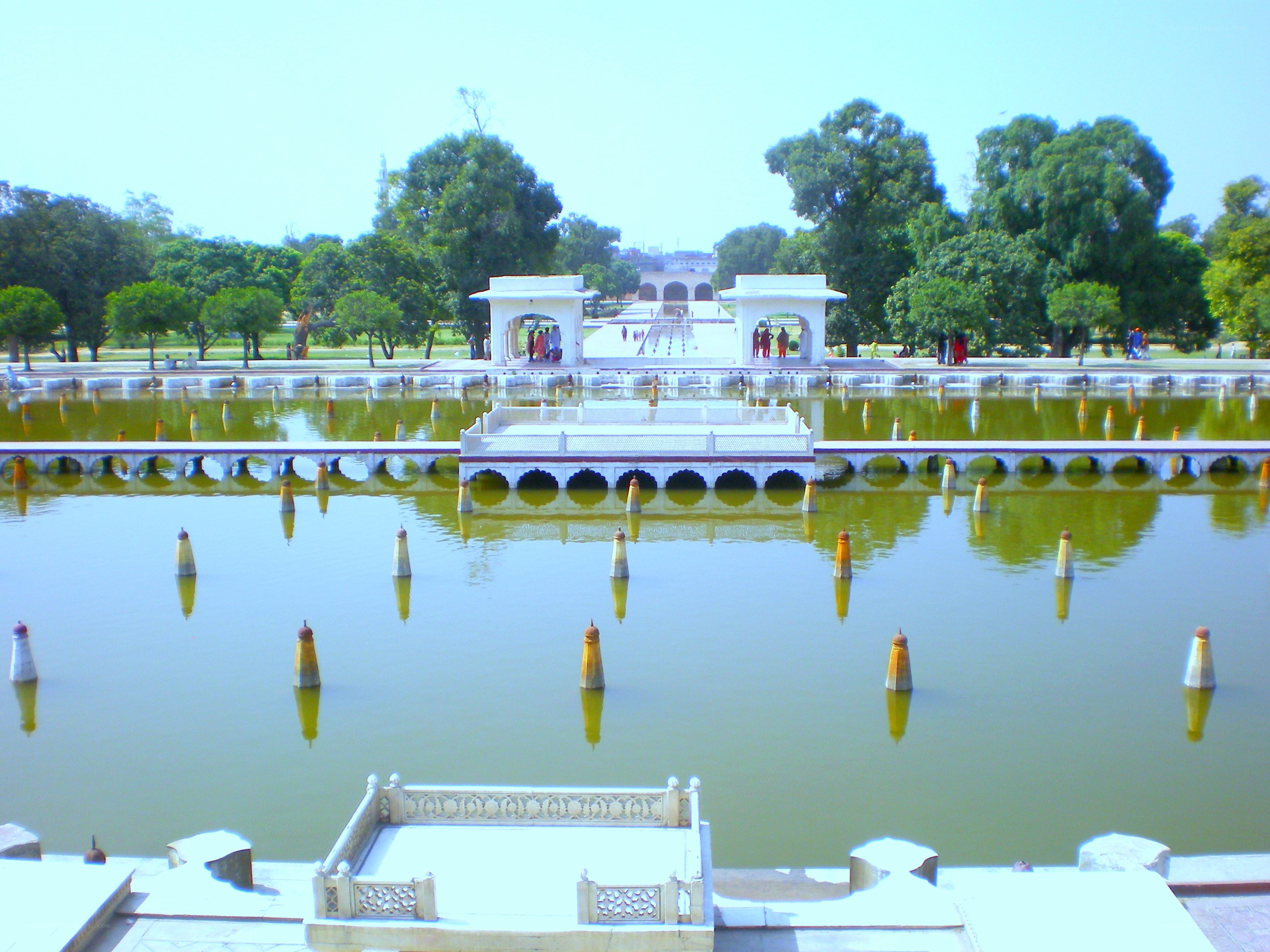 white marble garden with water features