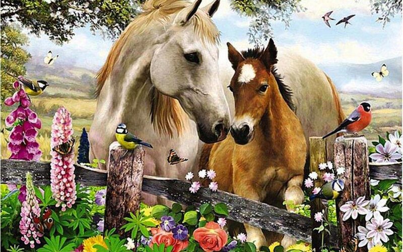 White Mare and Foal — Green, Serene, Spring, Illustration