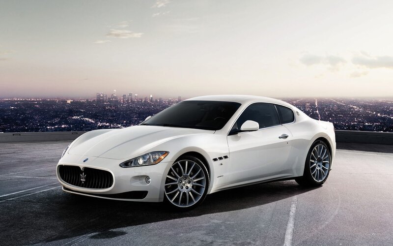 White Maserati GranTurismo — Dramatic, Sunset, Photograph, City Skyline
