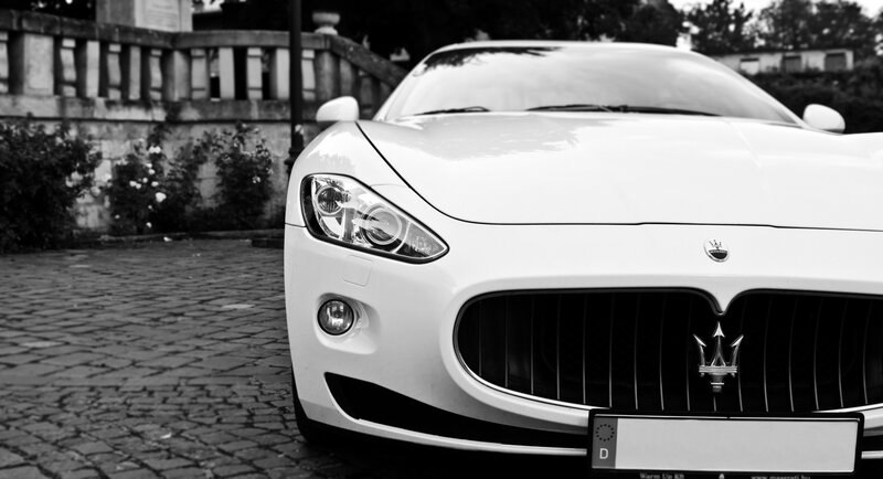 White Maserati Sports Car — Black, Dramatic