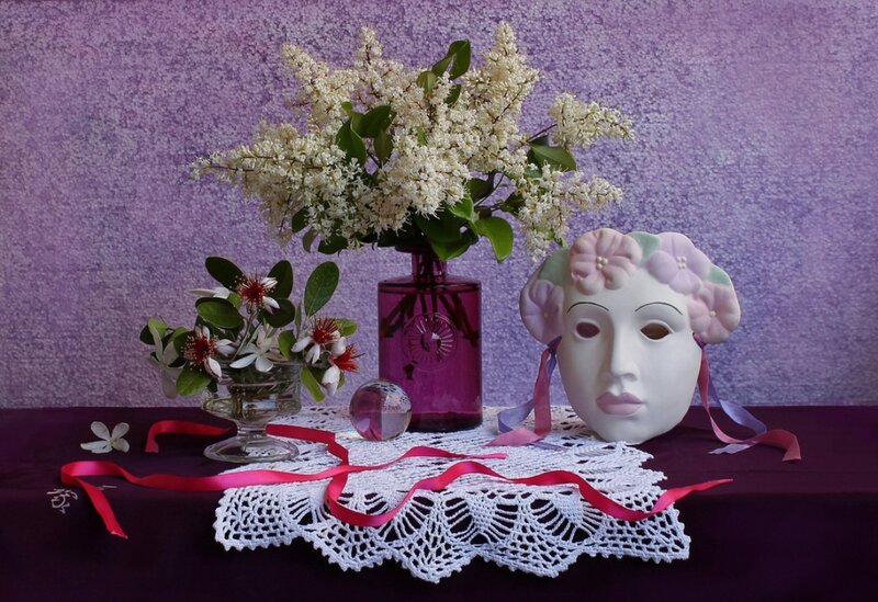 White Mask with Flowers — Purple, Serene