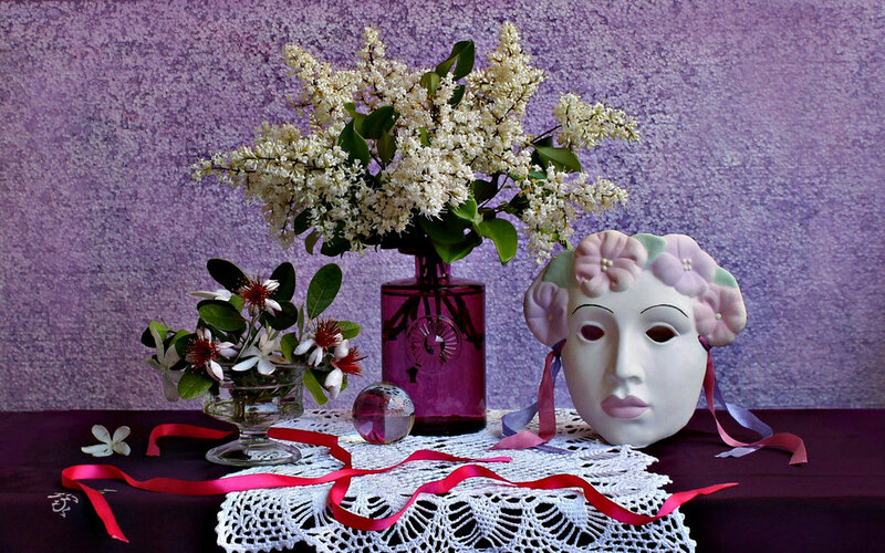 White Mask with Flowers — Purple