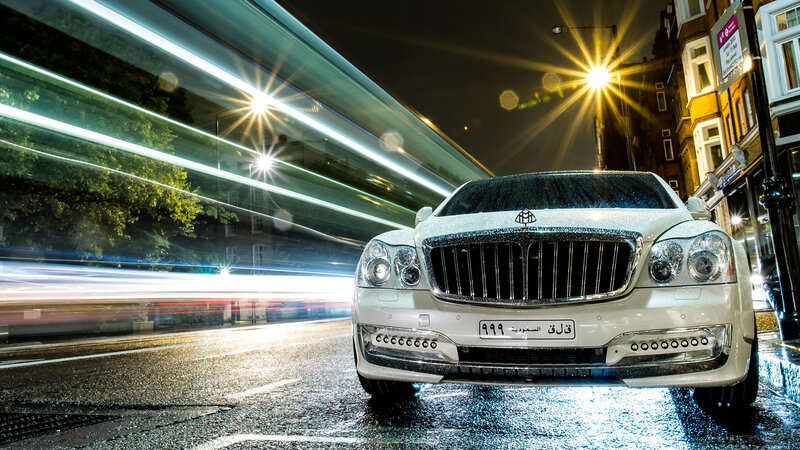 White Maybach on Wet Street