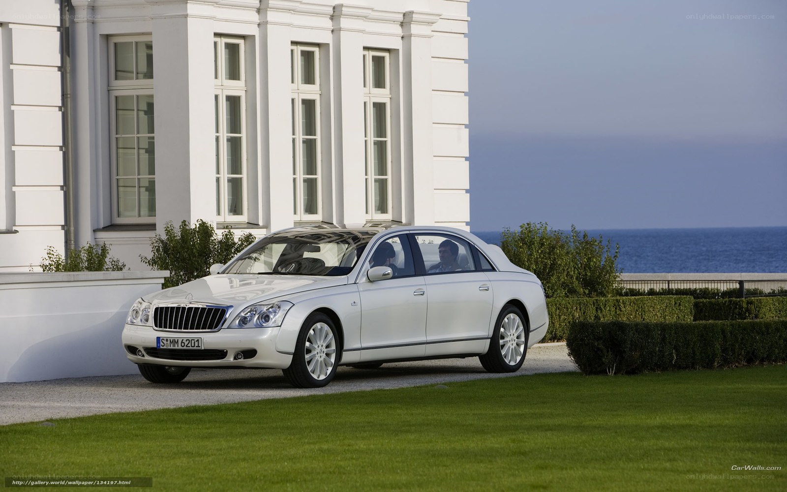 White Maybach sedan by the sea