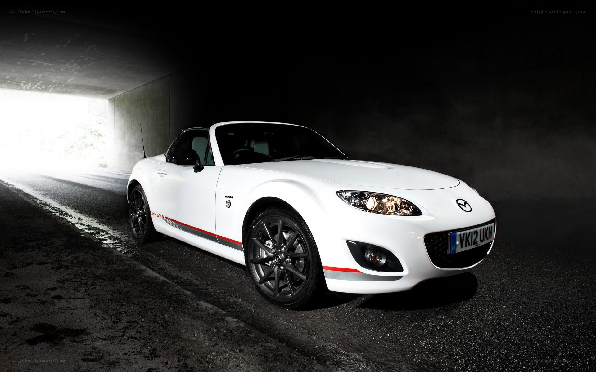 White Mazda MX-5 in tunnel