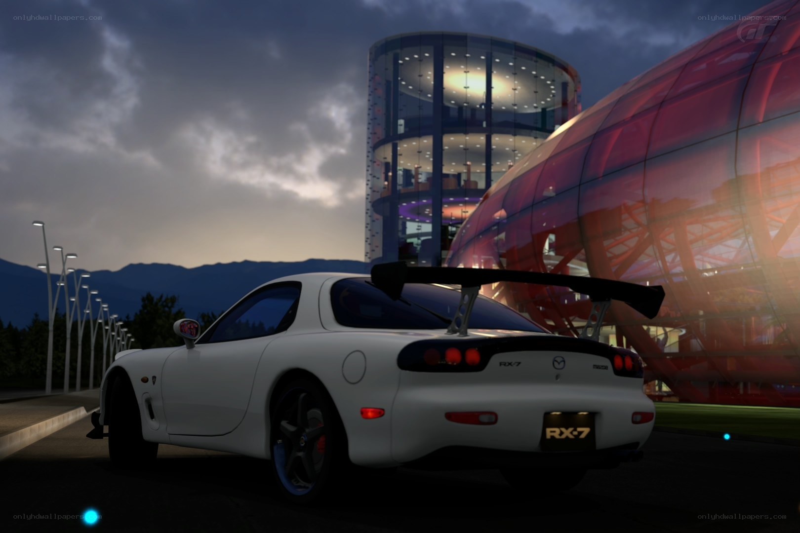 White Mazda RX-7 at dusk