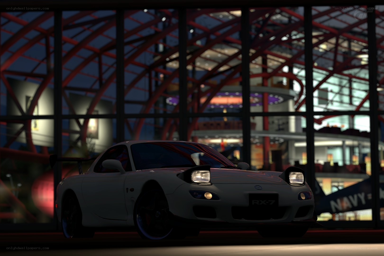 White Mazda RX-7 at night