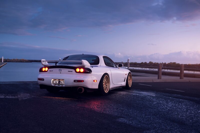 White Mazda RX-7 — Dramatic, Sunset