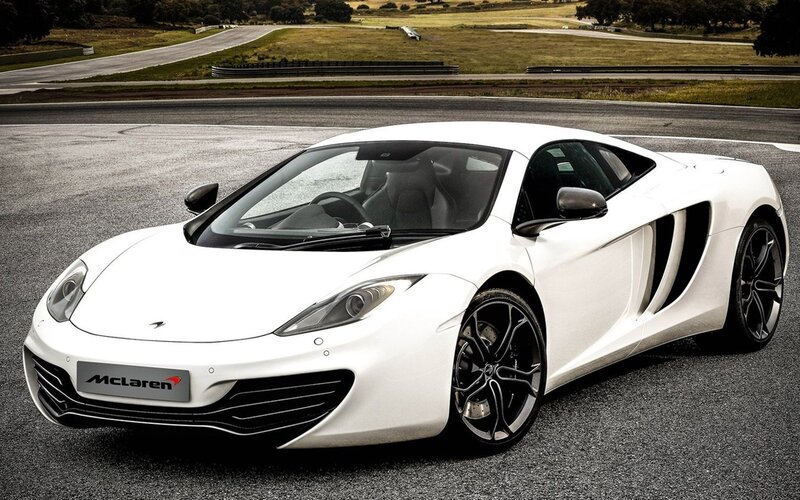 White Mclaren Sports Car — Dramatic, Afternoon, Photograph, Race Track, Grass, Trees, Black, Gray