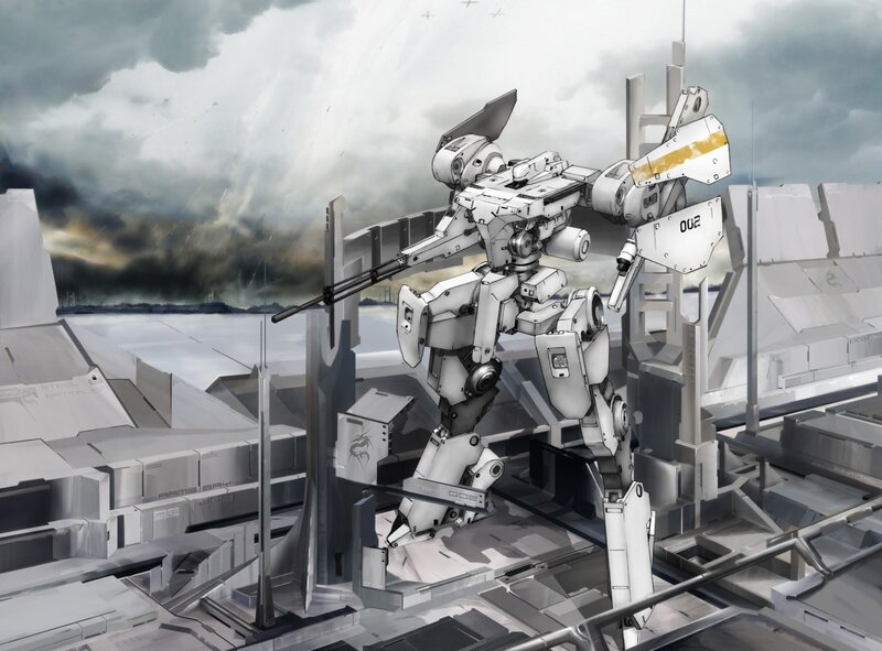White mech in a war-torn city