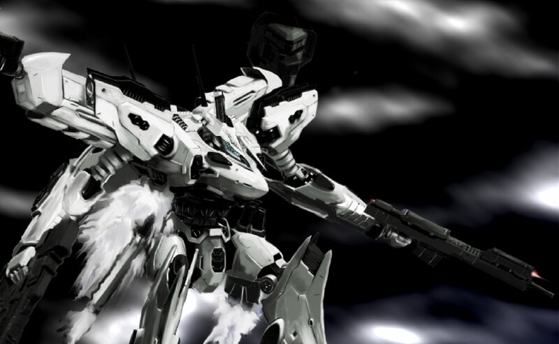 white mecha with rifle