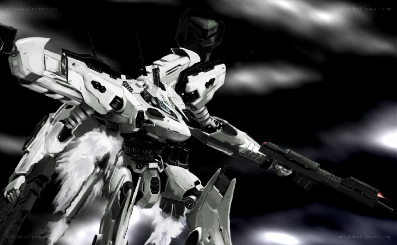 white mecha with rifle