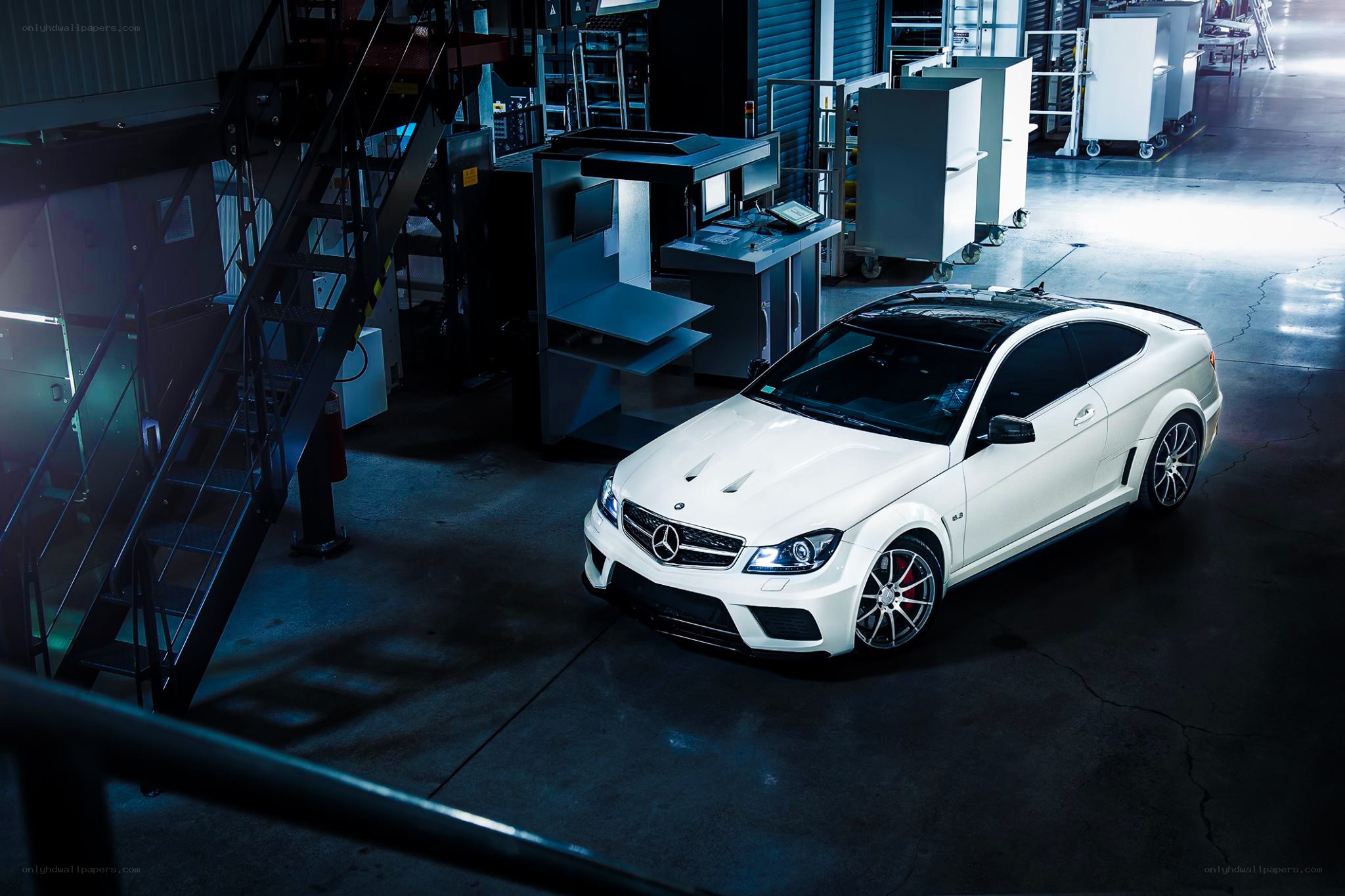 White Mercedes-AMG C63 in factory