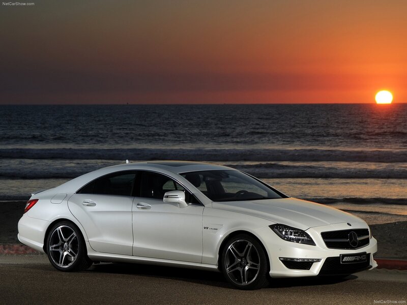 White Mercedes-AMG CLS63 at sunset