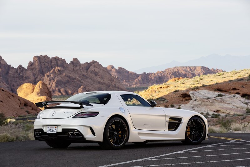 White Mercedes-AMG SLS in desert