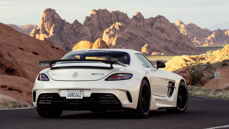 White Mercedes-AMG SLS in desert