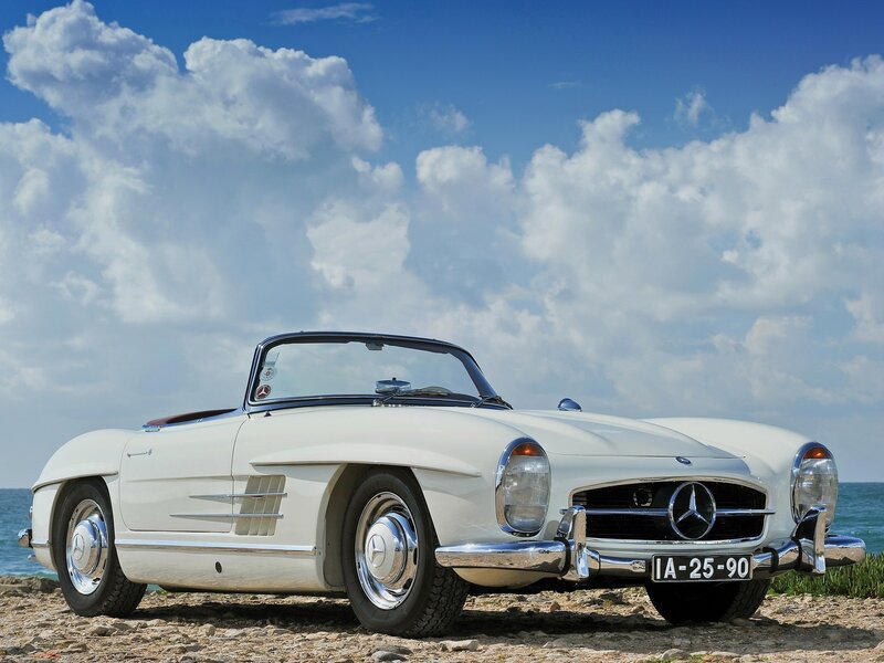 White Mercedes-Benz 300SL on beach