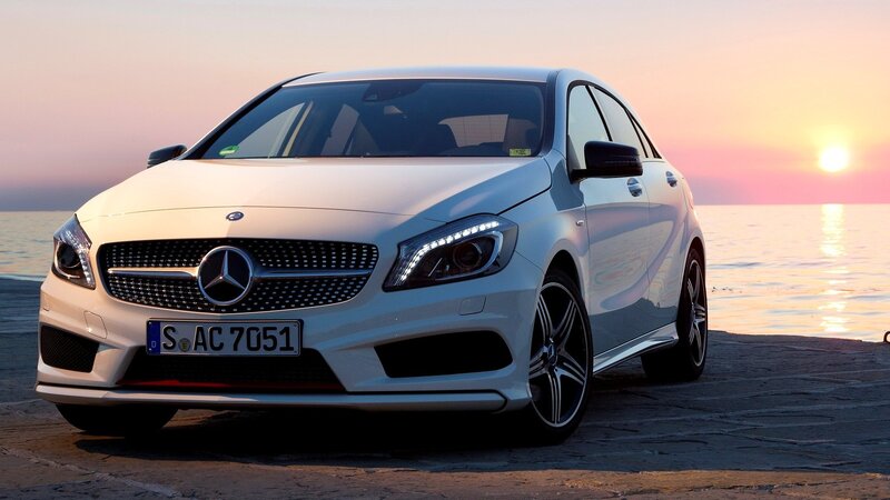 White Mercedes-Benz A-Class at sunset