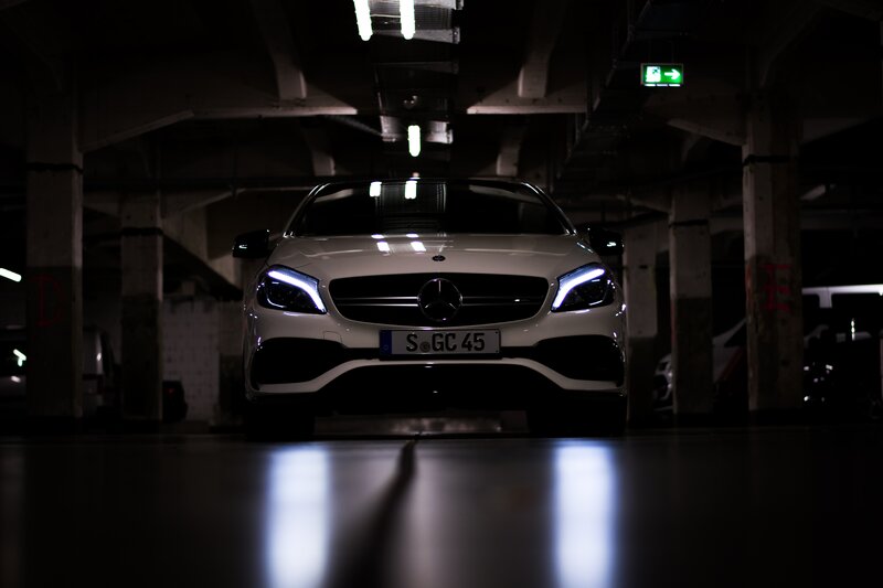 White Mercedes-benz Car — Black, Dramatic, Night, Photograph