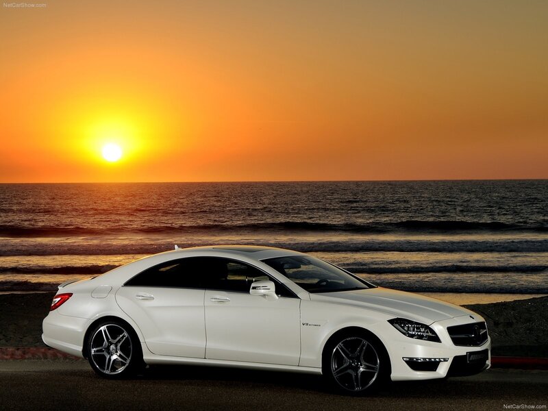 White Mercedes-Benz CLS63 AMG at sunset