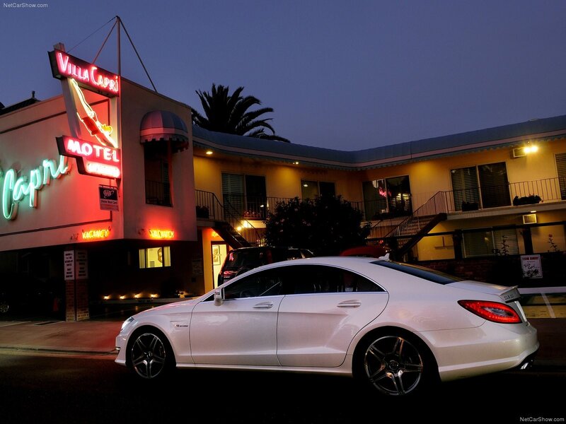 White Mercedes-Benz CLS63 AMG at Villa Capri Motel