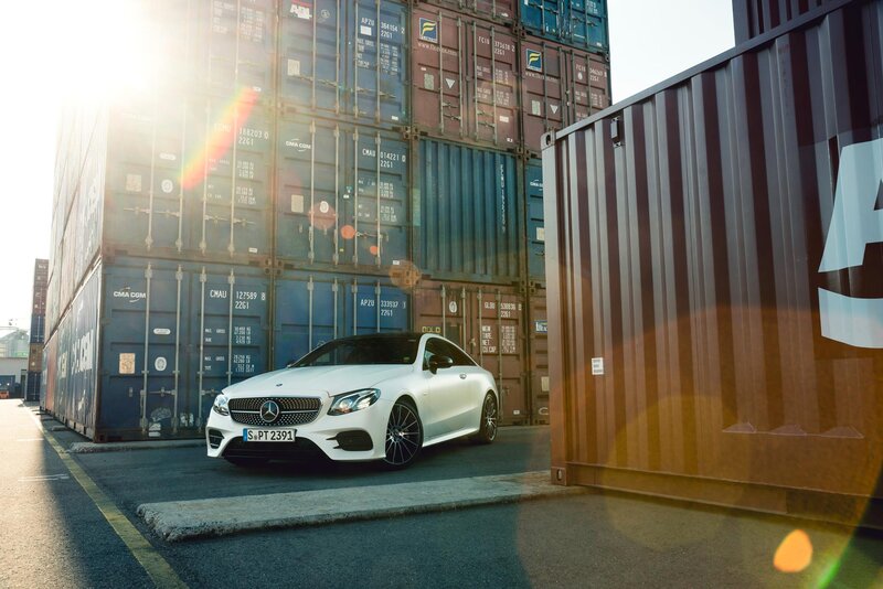 White Mercedes-benz Coupe — Dramatic, Afternoon, Photograph, Shipping Containers