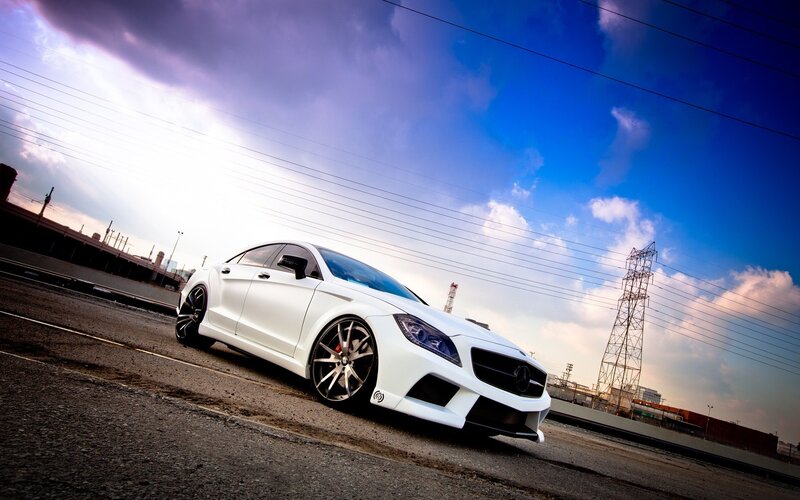 White Mercedes-benz Coupe — Dramatic, Sunset, Photograph, Car, Power Lines