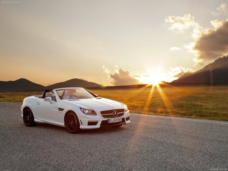 White Mercedes-Benz SLK on a scenic road