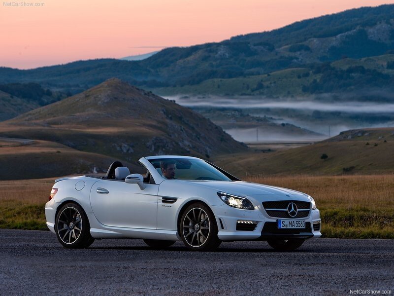 White Mercedes-Benz SLK parked at dusk