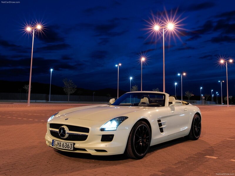 White Mercedes-Benz SLS AMG at night